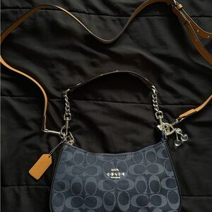 Coach Dark Blue and Tan Signature Shoulder Bag